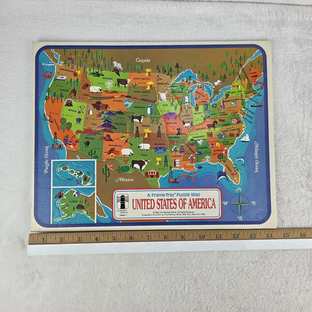 Vintage 1968 Rainbow Works USA‎ Frame Tray Puzzle Map Complete Educational